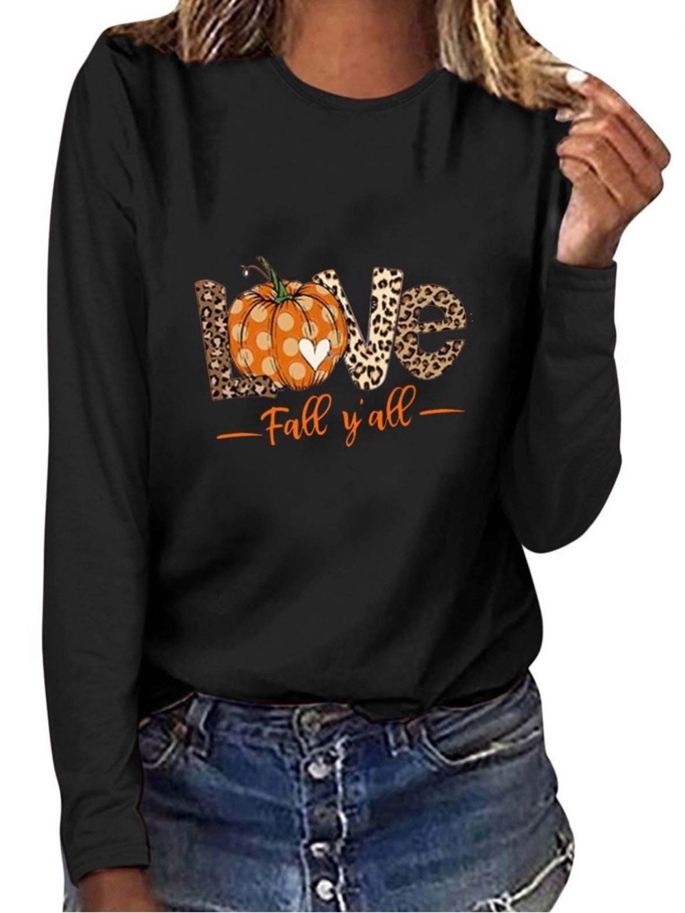 Black "Love Fall Y'all" Leopard Pumpkin Graphic Sweatshirt Crewneck XL